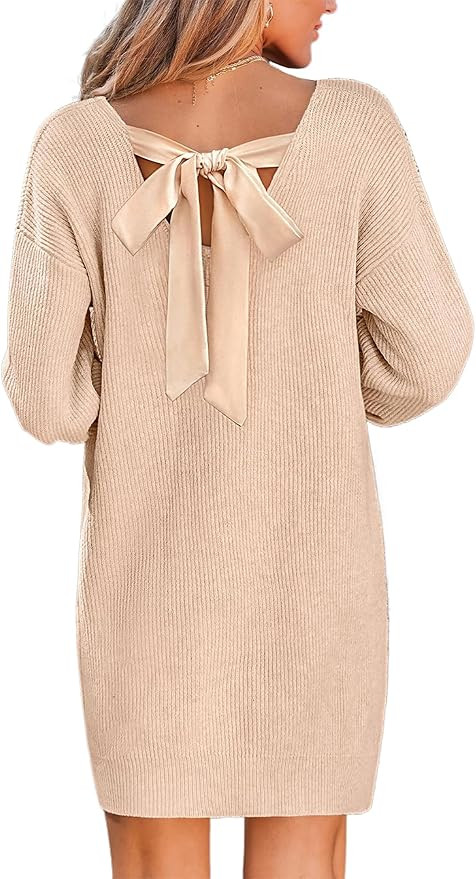 CUPSHE Womens Long Sleeve Sweater Dress V Neck Loose Fit Ribbed Knit Pullover Mini Dress Fall Out... | Amazon (US)