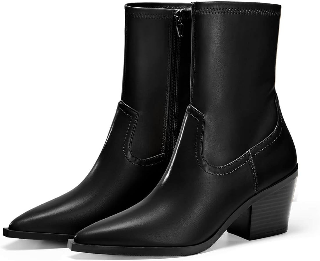 Coutgo Womens Pointed Toe Ankle Boots Chunky Stacked Heel Side Zipper Leather Fall Booties Shoes | Amazon (US)
