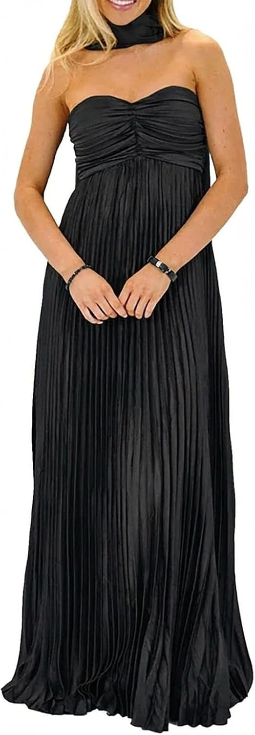 Women Bridesmaid Dresses with Scarf Strapless Pleated Flowy Solid Long Formal Wedding Guest Dress Womens Fall Dresses | Amazon (US)
