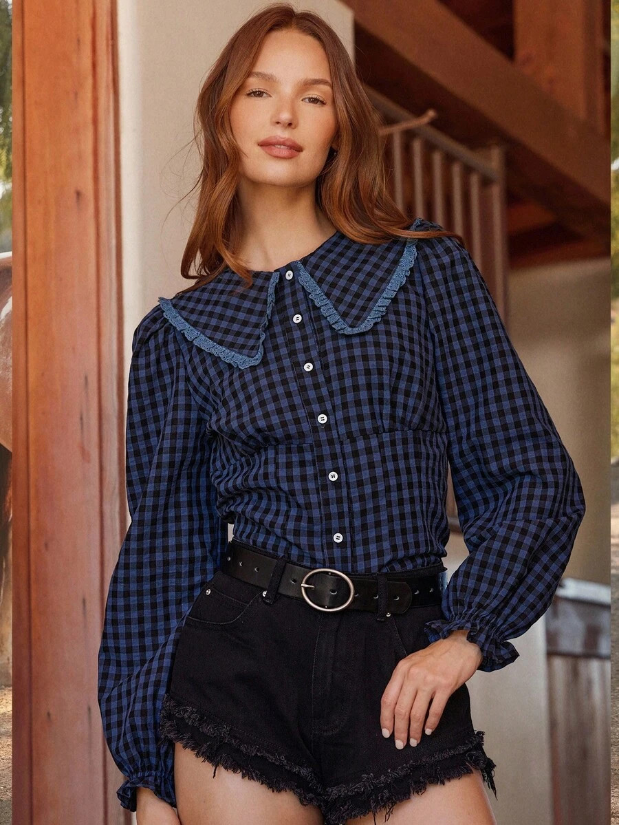 WESTFADE Gingham Ruffle Collar Button Front Fitted Long Sleeve Shirt Cute Fall Tops For Women Cou... | SHEIN