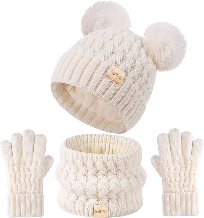 Kids Winter Hat Scarf Gloves Set Children's Warm Knit Fleece Lined Pompom Hat for Kids Ages 3-9, ... | Amazon (US)