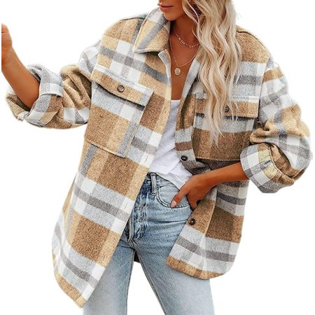 FENGWomen s Flannel Plaid Shirt Autumn and Winter Wool Blend top Jacket Long Sleeve Button Lapel Shirt Jacket-240519 | Walmart (US)