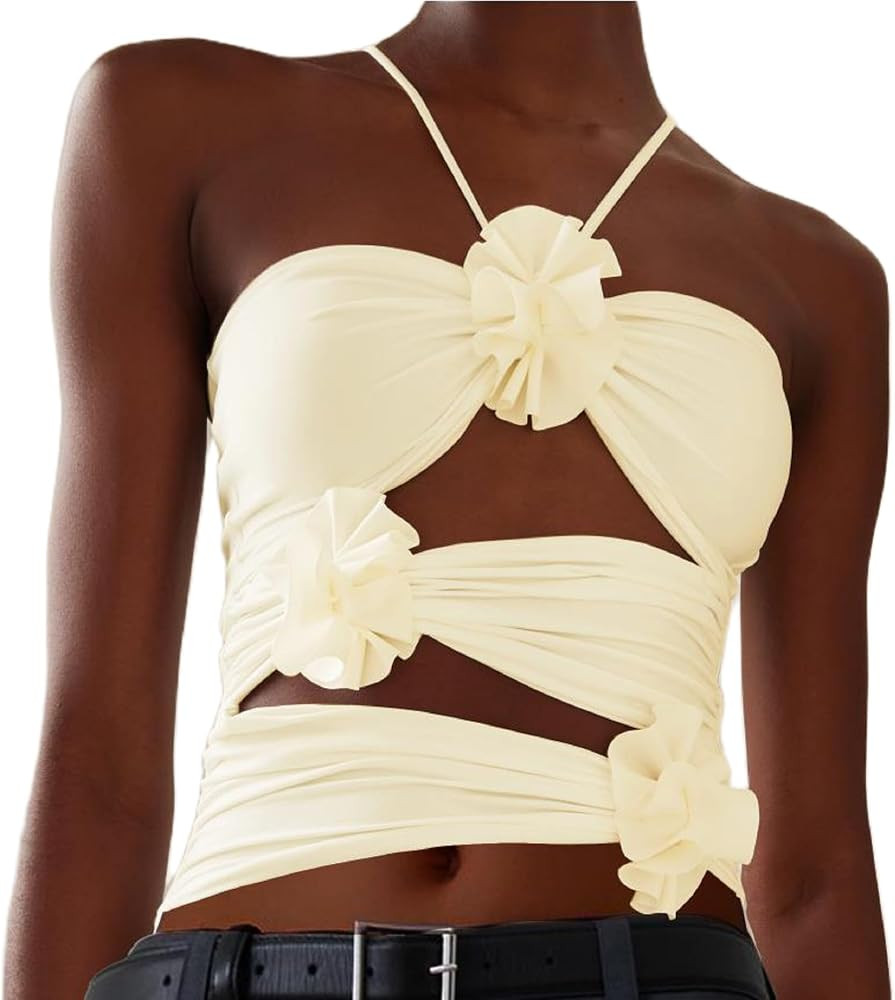 KMBANGI Floral Sexy Tank Top Women Y2k Ruffles Frill Halter Crop Tops Sleeveless Off Shoulder Bac... | Amazon (US)
