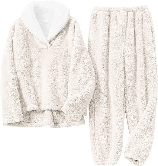 Gihuo Women' s Fluffy Pajamas Set Fleece Pullover Pants Loose Plush Sleepwear | Amazon (US)