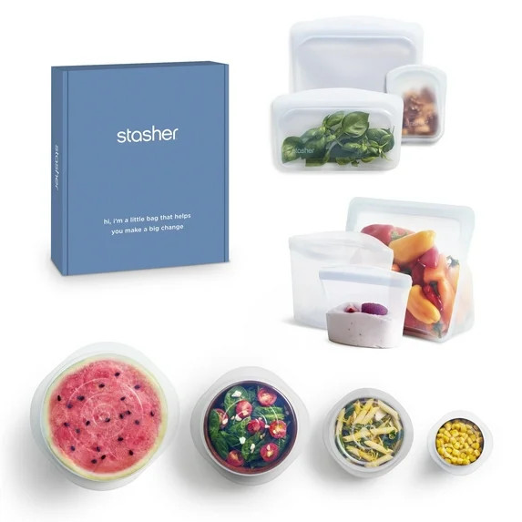 Stasher Premium Silicone Reusable Food Storage Bags & Stretch Lids 10-Pack, Clear, Airtight Seal,... | Walmart (US)