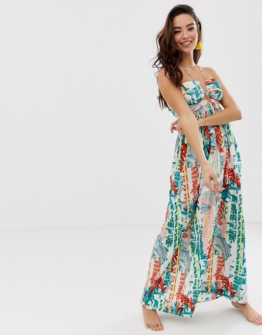 ASOS DESIGN lace up front beach maxi dress in stripe palm print | ASOS US