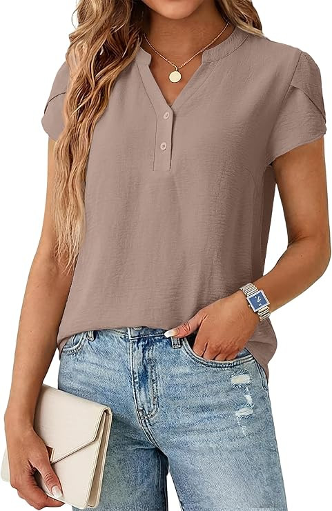 Lepunuo Womens Dressy Casual Henley Tops Summer V Neck Business Work Shirts Cap Sleeve Blouses Va... | Amazon (US)