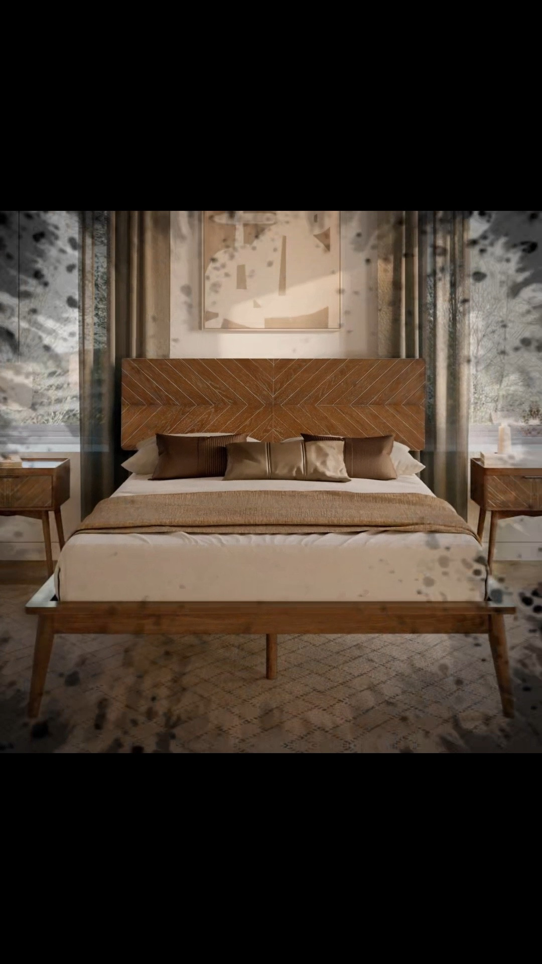 Loki Queen Bed Frame With 3D Chevron Headboard & Signature Tapered Legs, Premium Mid-century Modern Wood Platform Bed Frame, Low-profile Surround