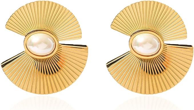 Geometric Fan-shape Pearl Earrings for Women Girls,Chunky 18K Gold Plated Stainless Steel Earring... | Amazon (US)
