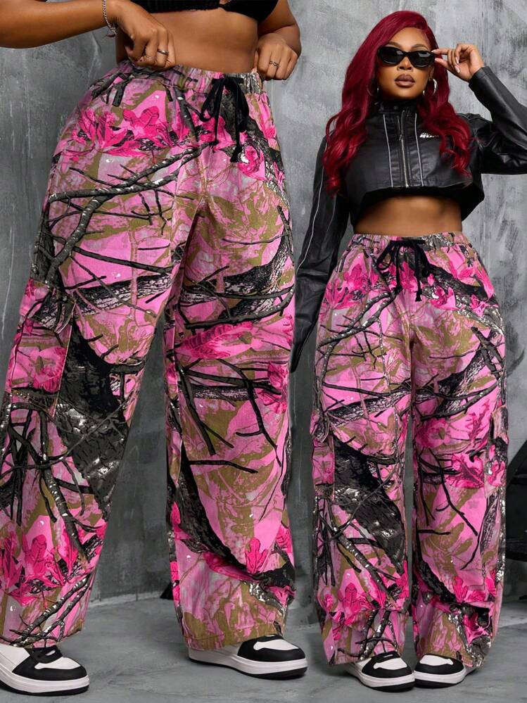 SHEIN SXY Plus Size Denim Effect Straight Leg Printed Casual Pants, Minimalist Fashion For Everyday Wear | SHEIN