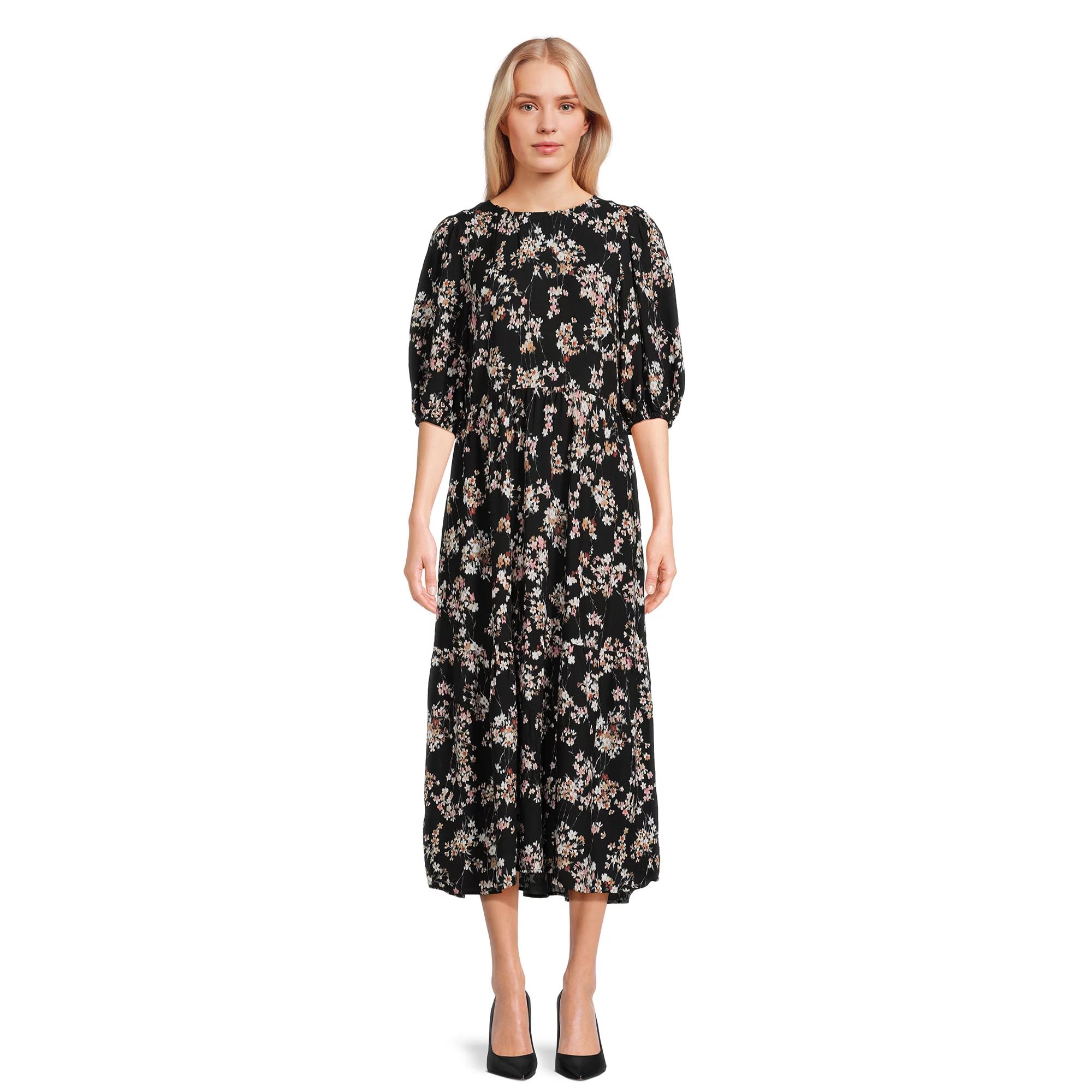Time and Tru Women's Tie-Back Midi Dress with Elbow Length Sleeves | Walmart (US)