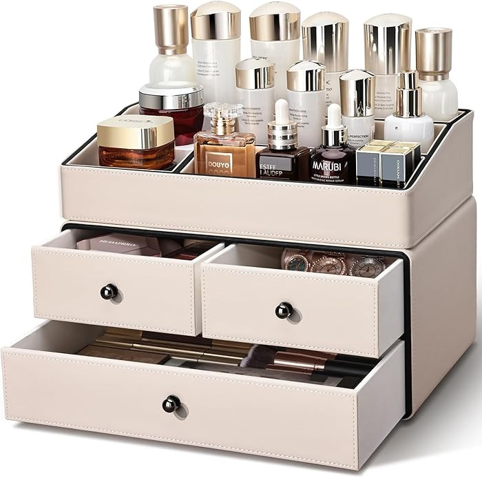 KINGFOM Leather Makeup Organizer with 3 Drawers, 2 Tier Cosmetic Storage Organizer for vanity Dre... | Amazon (US)