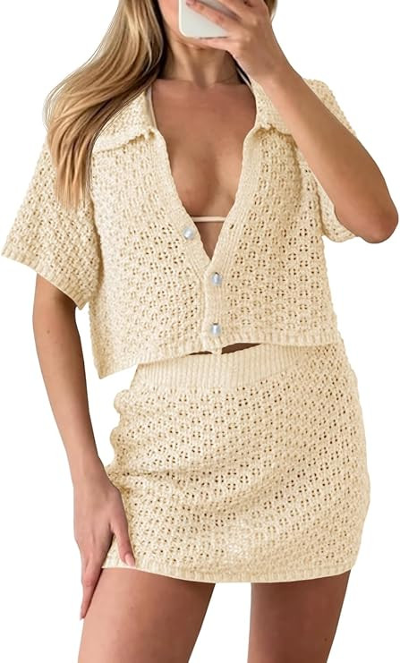 Saodimallsu Womens 2 Piece Cover Up Set Crochet Beach Summer Knit Button Short Sleeve Crop Top Mi... | Amazon (US)