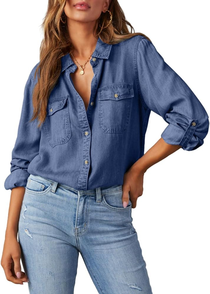 Astylish Women Button Down Denim Shirts Casual Long Sleeve V Neck Chambray Blouse Top | Amazon (US)
