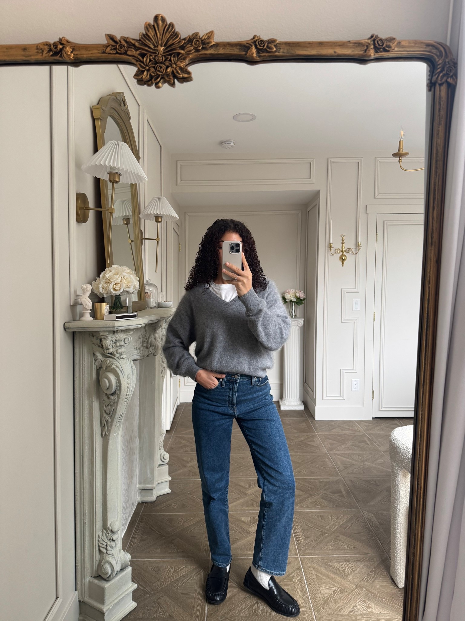 Jeans, loafers, socks, white tee, v neck cashmere sweater 

#LTKootd