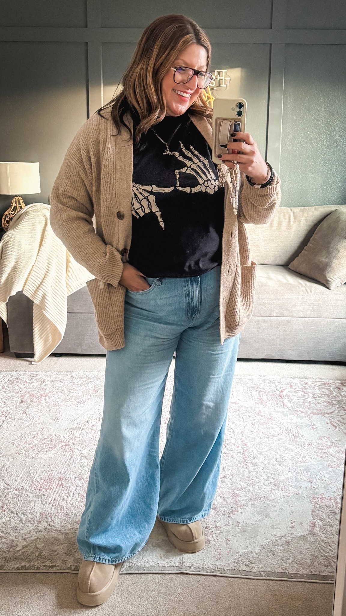 Today’s Halloween teacher fit:
Old Cardi (XL) but I linked similar 
Tee from @mr_phlindsay_sped
GAP Factory wide leg jeans (33)
Ugg Tazz 

#LTKMidsize #LTKSaleAlert #LTKOver40