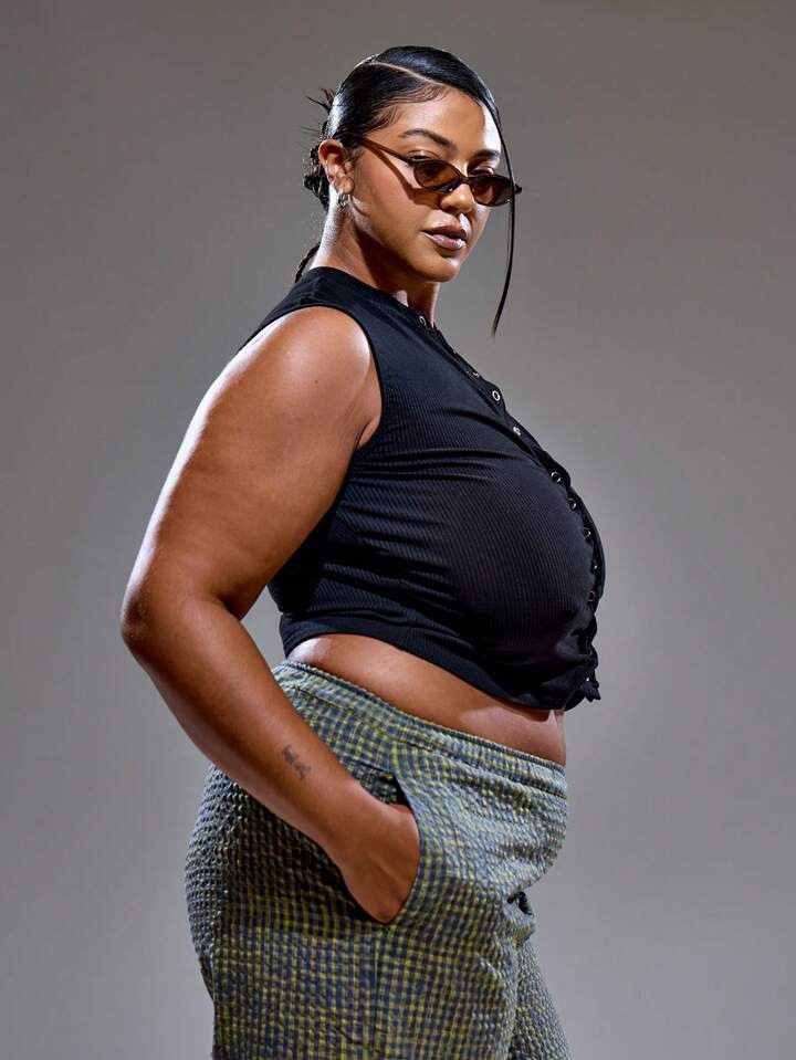 MUSERA Plus Size Ribbed Popper Front Sleeveless Tank Top Summer Streetstyle Vacation Holiday 90's... | SHEIN