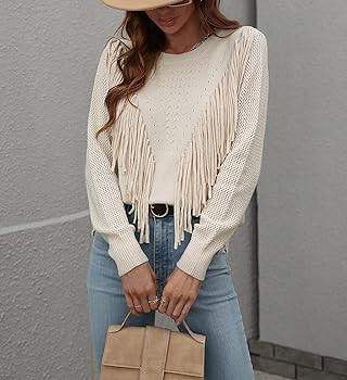 chouyatou Women's Casual Crewneck Fringe Tassel Knitted Pullover Sweater Jumper Tops | Amazon (US)