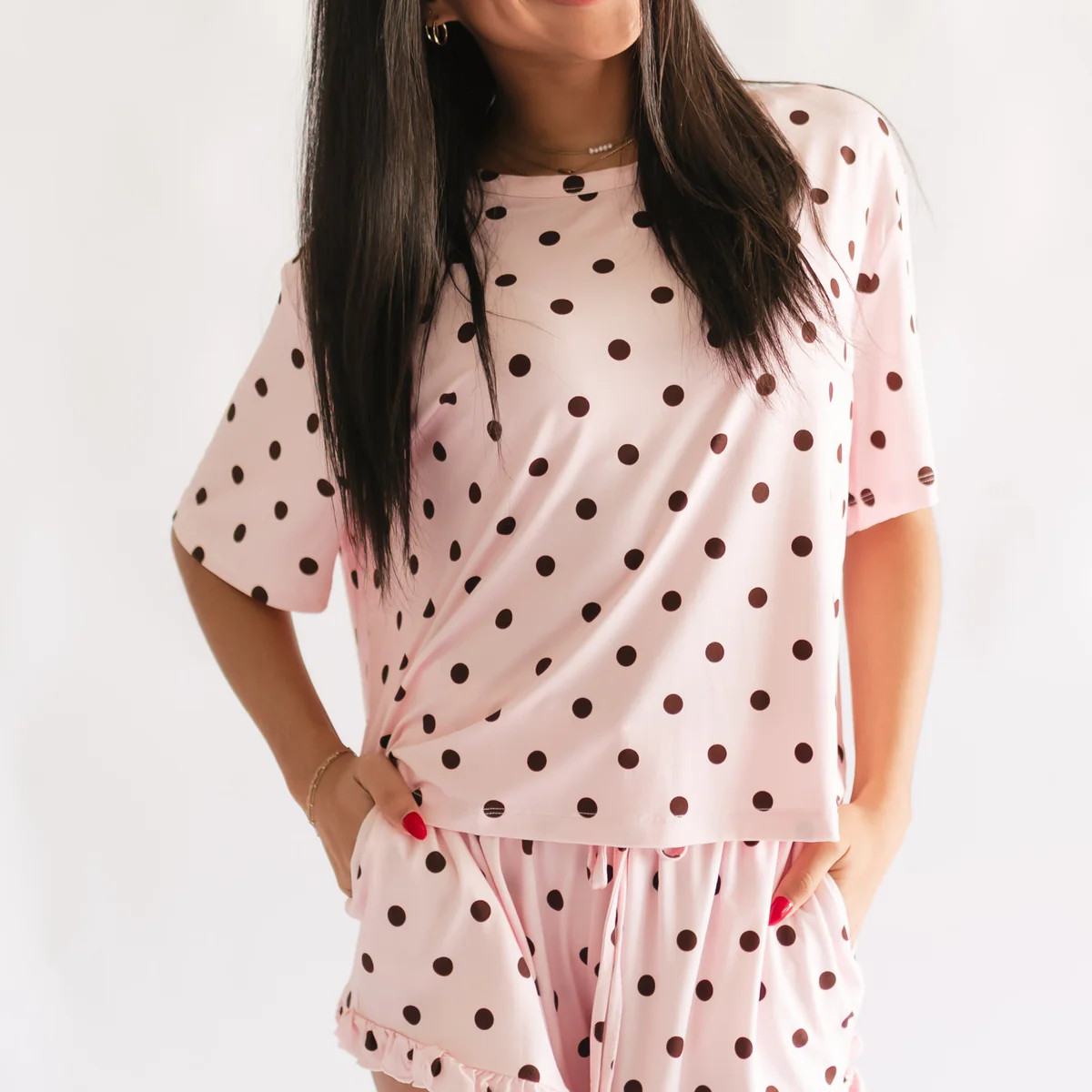 Women's Ruffle Short Set in Pink & Brown Polka Dot | Silks Design