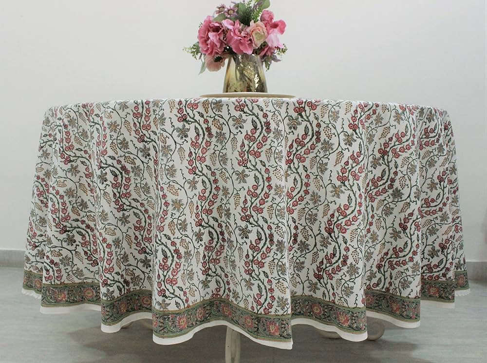 Ridhi Coral Pink Trails 100% Cotton Round Boho Spring Summer Tablecloth, Block Print Floral Table... | Amazon (US)