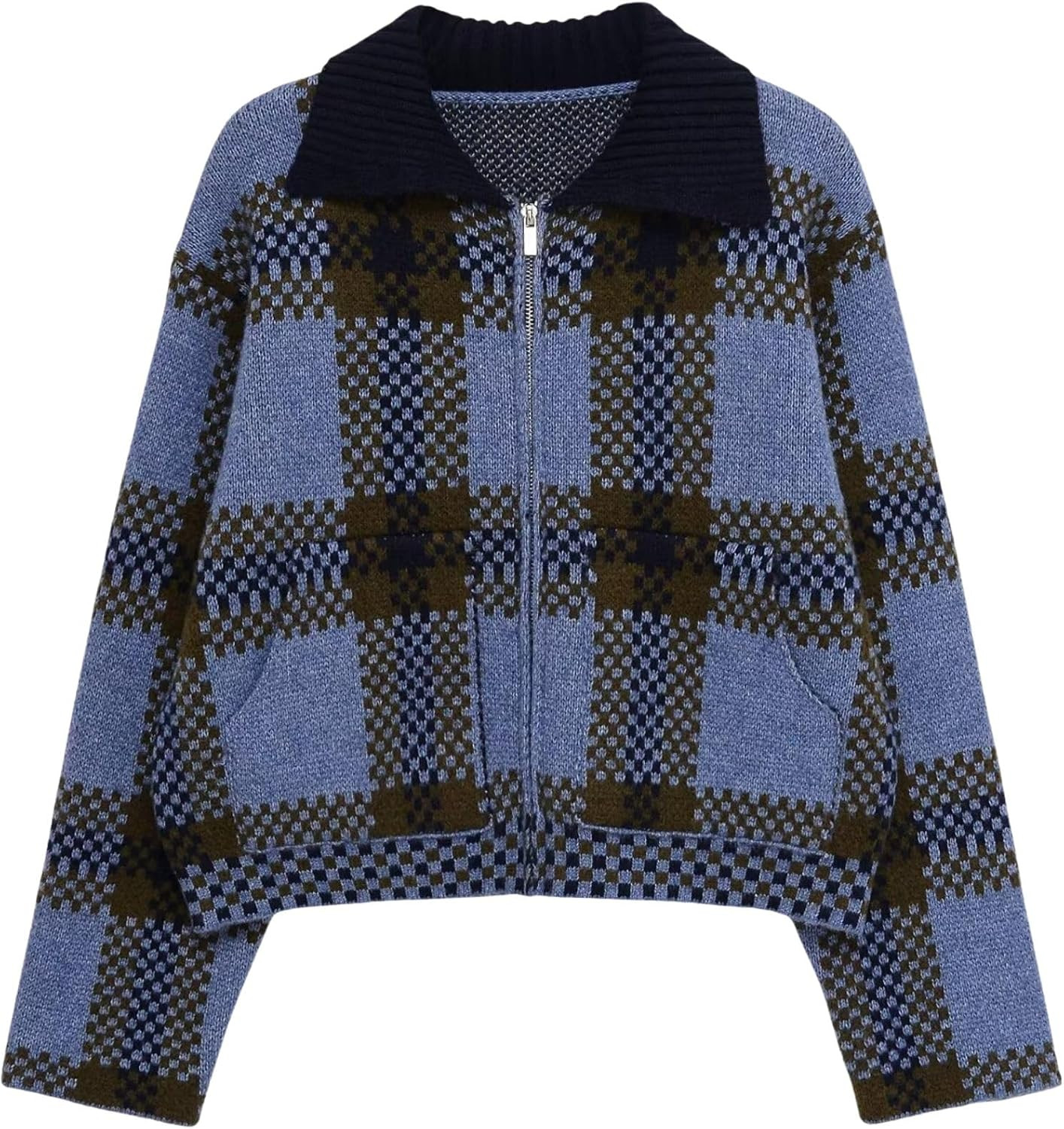 Chevara Women’s Checkered Cardigan Sweater Vintage Lapel Collar Long Sleeve Zip Up Knit Sweatshirt Jacket | Amazon (US)