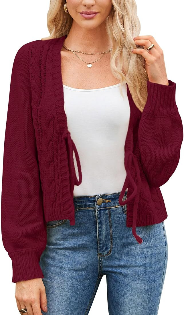 Honwenle Women's Cardigan Sweaters 2024 Oversized Open Front Tie Long Sleeve Short Cardigans Knit... | Amazon (US)