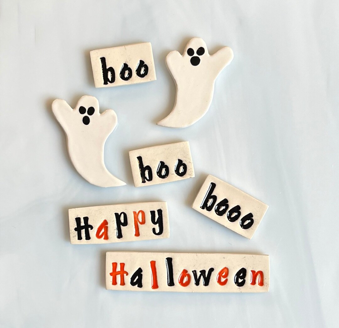 Ceramic Word Tile Set, 7pcs, Halloween Fall Theme, Whimsical Hand Cut Ghosts, 1/2 Lettering Word ... | Etsy (US)