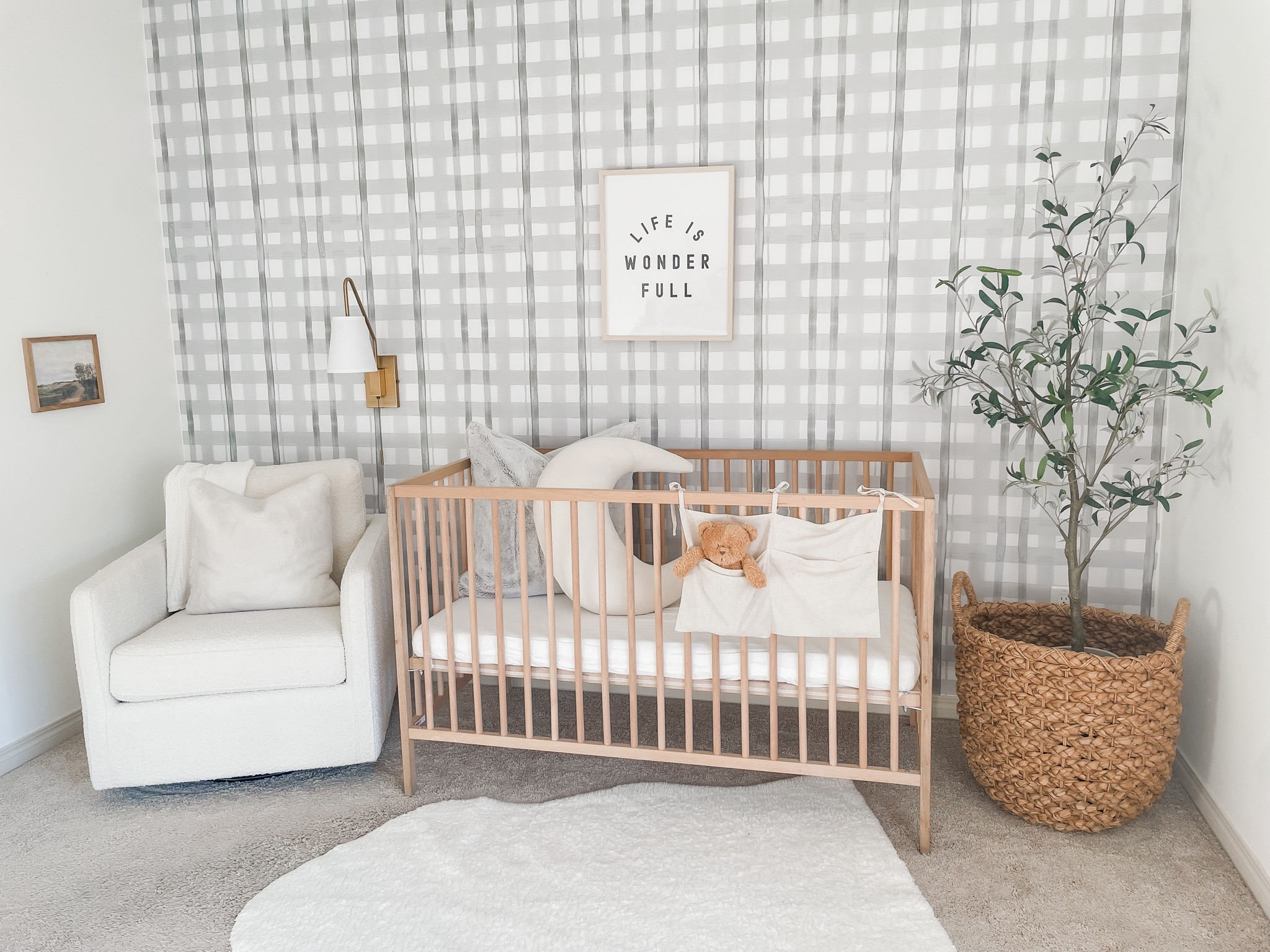 The dreamiest baby boy nursery 🤍  Boy nursery decor - nursery wall decor - baby crib - baby room - nursery decor - nursery furniture - nursery wallpaper - baby boy room - nursery art - wall sconce - Olive tree 

#LTKfamily #LTKbaby #LTKhome