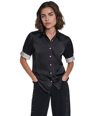 Women's Satin Rhinestone-Cuff Button-Front Top | Macy's