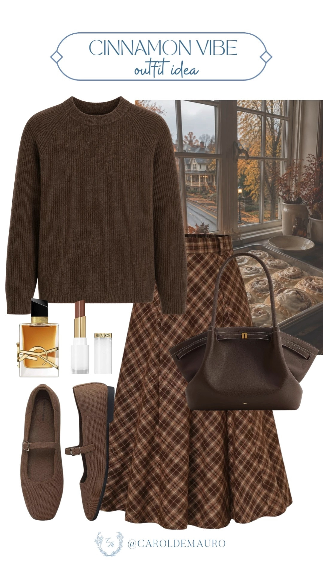 cinnamon outfit idea, fall outfit, all brown look, cozy sweater, plaid skirt, tote bag, mary jane flats, ysl libre, autumn look, petite fashion, modest look, cozy cute look

#LTKootd #LTKSeasonal #LTKPetite
