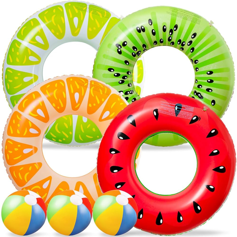 90shine 7PCS Fruit Pool Floats: Watermelon Kiwi Orange Lemon Swimming Rings with 13.5" Beach Ball... | Amazon (US)