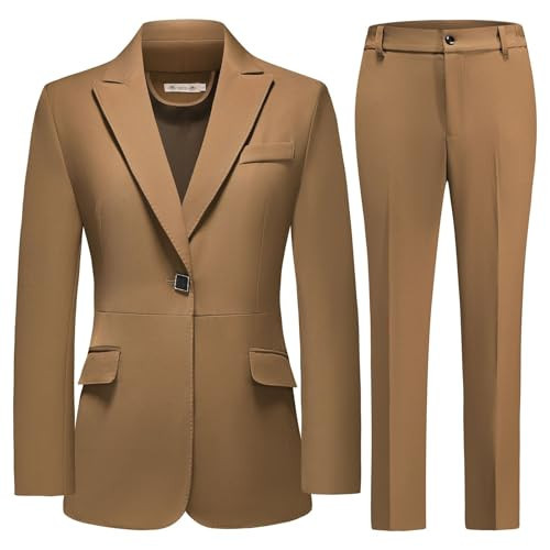MODFUL Pant Suits for Women Business Suit Set 2 Piece Slim Fit Blazer Jacket One Button Formal Suit (Brown, XX-Large) | Amazon (US)