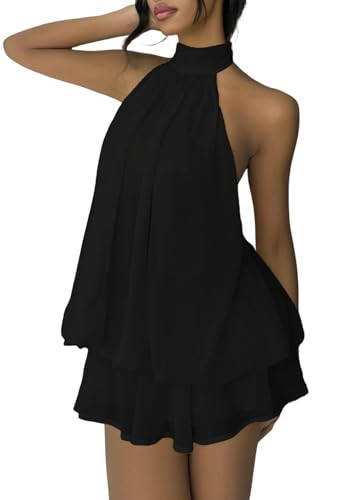 SHINFY Women Chiffon Halter Cocktail Dresses for Wedding Guest Ruffle Mini Beach Vacation Birthday Dresses Black | Amazon (US)