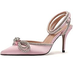 ARQA Women's Rhinestone Ankle Strap Pumps Satin Pointy Stilettos Backless Kitten Heels Wedding Dress | Amazon (US)