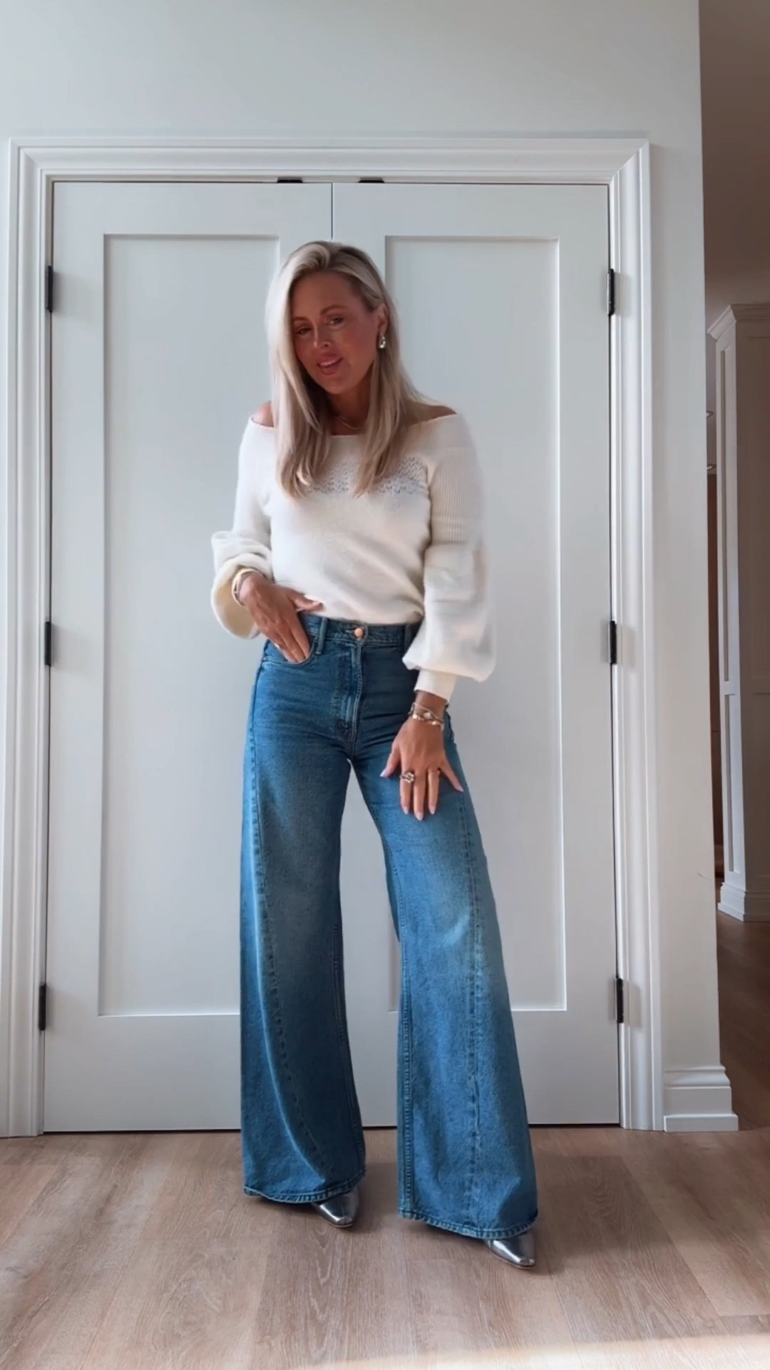 Date night🤍! Sweater also comes in pink! It’s adorable on and these are my best selling jeans! New wash also out now! 

Jeans. Sweater. Date night. 2026. 

#LTKootd #LTKSeasonal