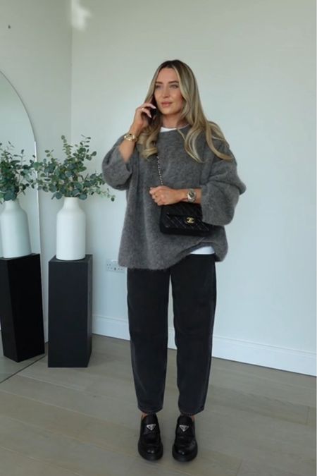 Early autumn outfit - grey oversized mohair jumper, cos white t shirt, cos dark grey tapered jeans, prada loafers  

#LTKstyletip #LTKSeasonal #LTKeurope