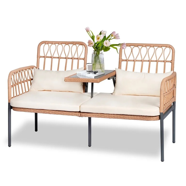 Tappio Outdoor Rattan Loveseat, Patio Rattan Conversation Set Seat Sofa Cushioned Loveseat Table ... | Walmart (US)