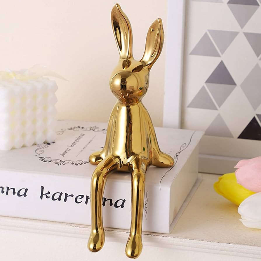 Sitting Bunny Figurine Statue, Ceramic Gold Rabbit Figurines Showpiece for Desk Cabinet Bookshelf... | Amazon (US)