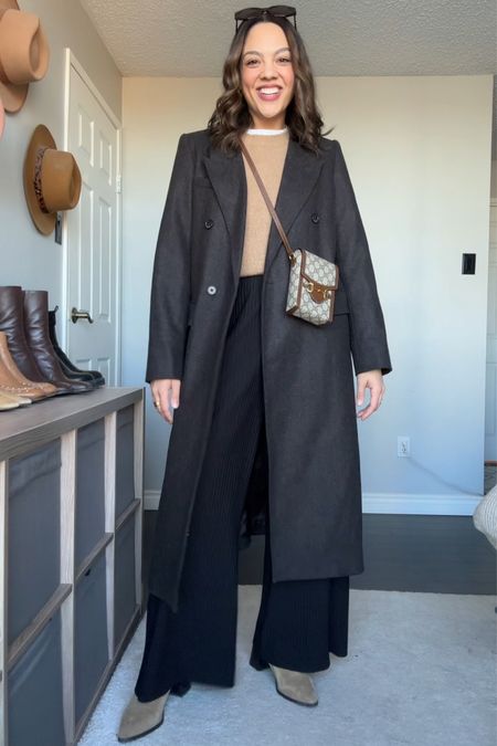 Styling wide leg pants!
-Black wide leg pleated pants from COS, I have a medium. Similar options linked. 
-Tan crew neck sweater. 
-White T-shirt. 
-Aritzia tailored brown coat, I have a large. 
-Beige suede boots. Similar linked. 
-Gucci horsebit mini crossbody bag. 
-Celine Triomphe sunglasses. 


#LTKMostLoved #LTKstyletip #LTKSeasonal