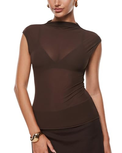 INLYRIC Women's Cosnufy Mesh Sheer Mock Turtle Neck Tank Tops See Through Sleeveless Sexy Summer Going Out Tops Hazelnut Large | Amazon (US)