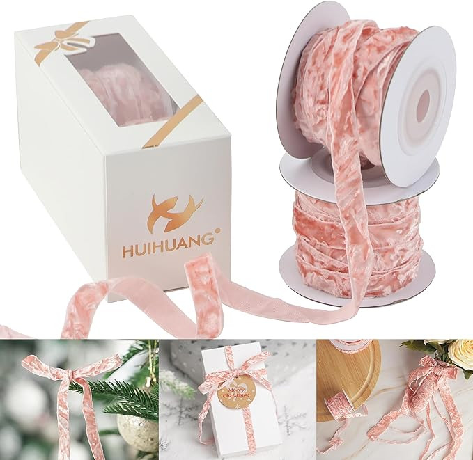 HUIHUANG Pink Velvet Ribbon 3/8" Crushed Velvet Ribbon for Baby Shower, Gift Wrapping, Wreath Dec... | Amazon (US)