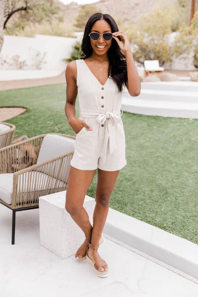 Ready To Roll Button Front Tie Waist Taupe Romper | The Pink Lily Boutique
