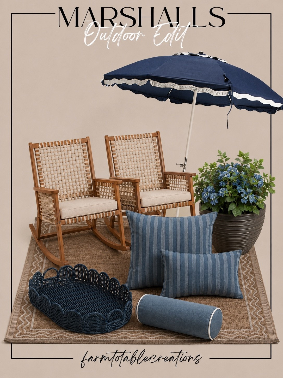 Marshalls Outdoor Finds You’ll Want All Summer Long

Follow @farmtotablecreations on Instagram for more home and outdoor inspiration.

From the scalloped navy umbrella and woven rocking chairs to the striped Sunbrella pillows, outdoor rug, decorative tray, and blue hydrangea planter, this collection brings a timeless coastal-inspired look to any porch, patio, or backyard space. The mix of warm wood, woven textures, and classic navy accents feels elevated, relaxed, and perfect for summer entertaining.

#outdoorliving #patiofurniture #outdoorrug #outdoorpillows #outdoordecor

#LTKHome #LTKSeasonal #LTKSaleAlert