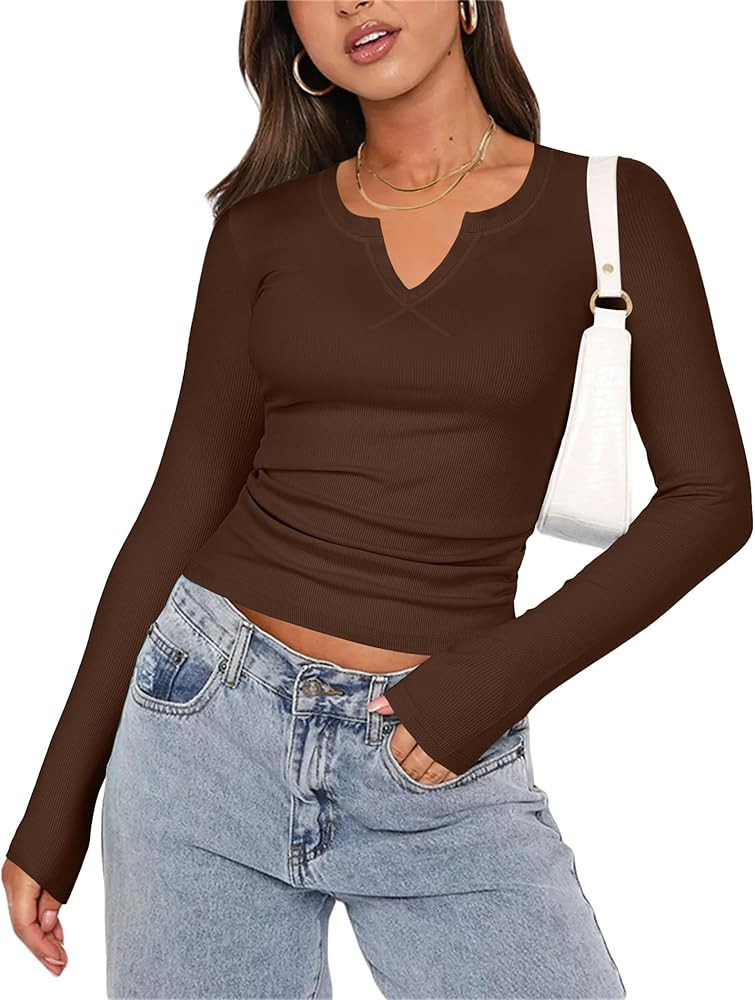 Zeagoo Womens Long Sleeve T Shirts V-Neck Slim Fitted Knit Top Stretch Ribbed Basic Tee Casual Y2... | Amazon (US)