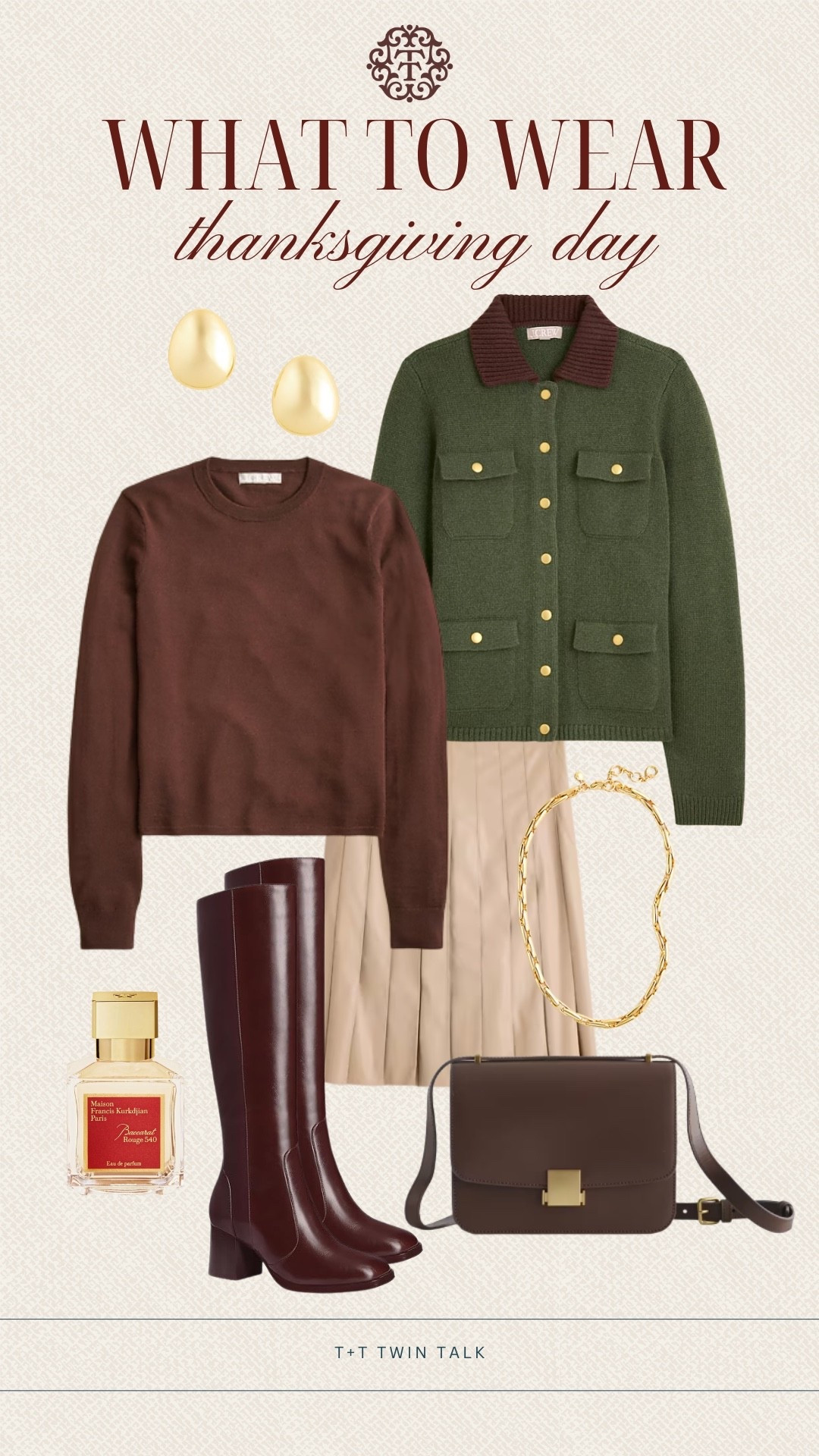 T+T, what to wear to Thanksgiving dinner! We are loving this brown long sleeve with the pleated skirt and layered underneath the barn jacket! We paired the look with tall boots, a crossbody purse, and gold jewelry to complete the ensemble! 

#LTKStyleTip #LTKShoeCrush #LTKItBag