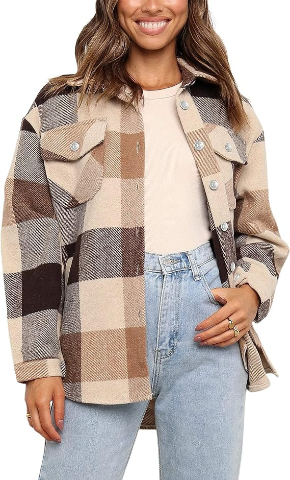 Springrain Women's Casual Flannel Plaid Button Down Long Sleeve Shacket Jacket Coat | Amazon (US)