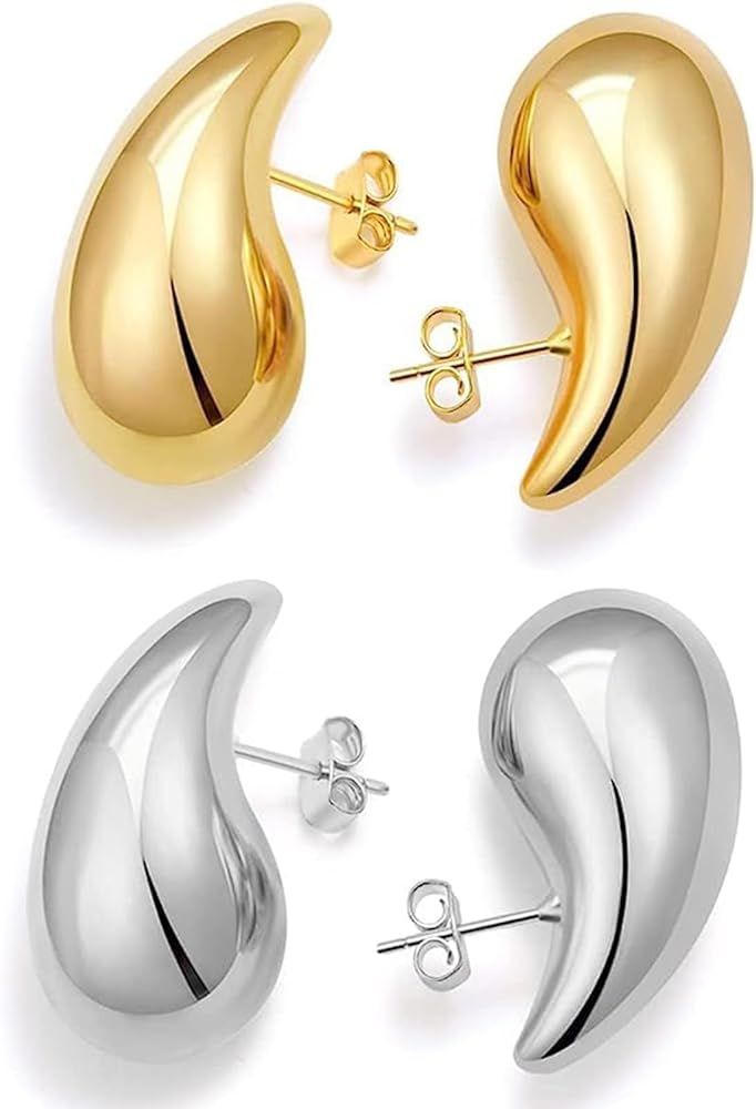 2 Pair Bottega Teardrop gold hoop Earrings for Women,Gold/Silver Chunky Hoop Earring Lightweight ... | Amazon (US)