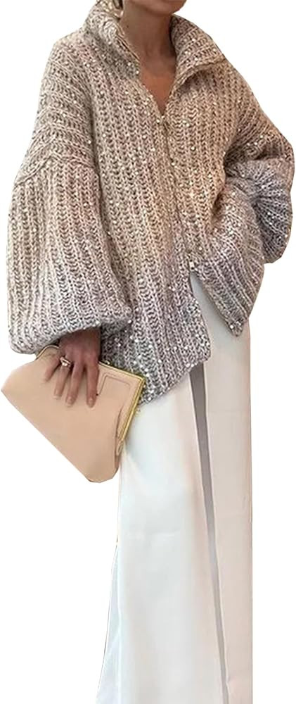 Womens Oversized Sequin Sweater Fashion Stand Collar Lantern Sleeve Zip Up Cardigan Sweaters | Amazon (US)
