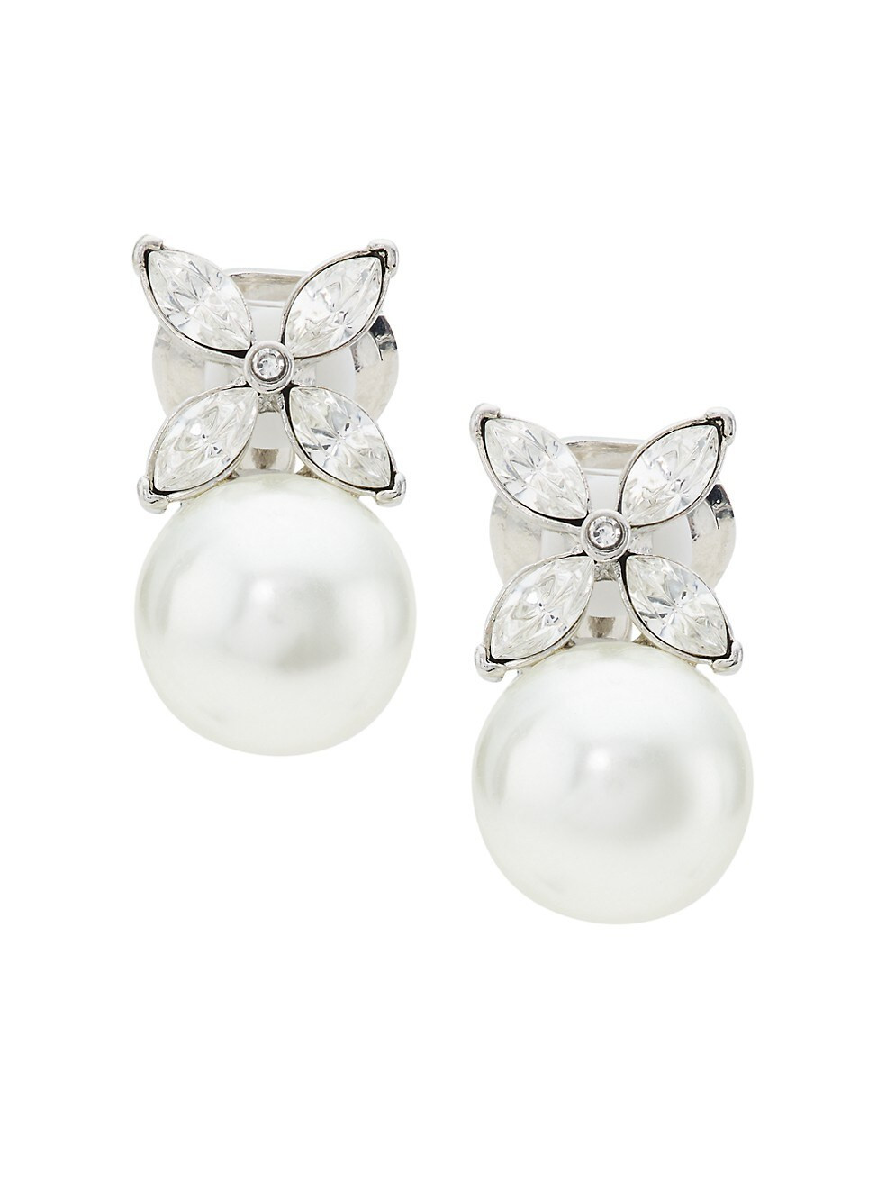 Kenneth Jay Lane Rhodium-Plated, Glass Crystal, &amp; Faux Pearl Flower Clip-On Earrings | Saks Fifth Avenue