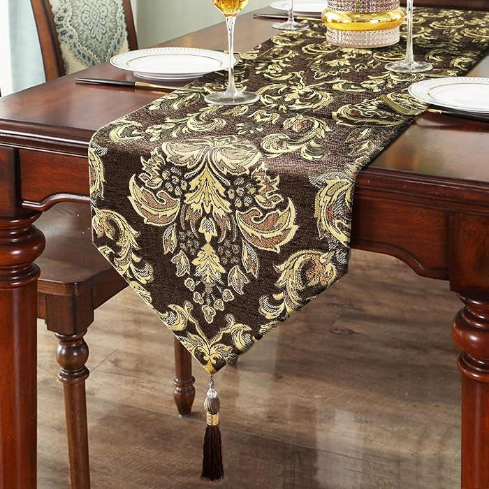 Table Runners Retro Flowers Luxury Jacquard with Tassels Dark Brown 13x60 | Amazon (US)
